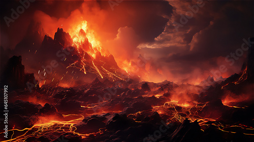 volcanic eruption, flames erupt from the rocks of the mountain and flowing lava, created with Generative AI Technology.