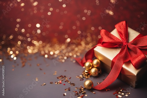 Close up shot of golden Christmas gift box. Blurred background with copy space