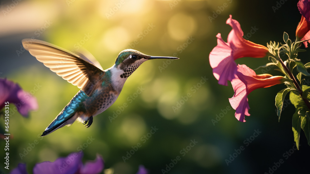 A charming hummingbird hovering near a flower. AI Generative. A charming hummingbird hovering near a flower. AI Generative.