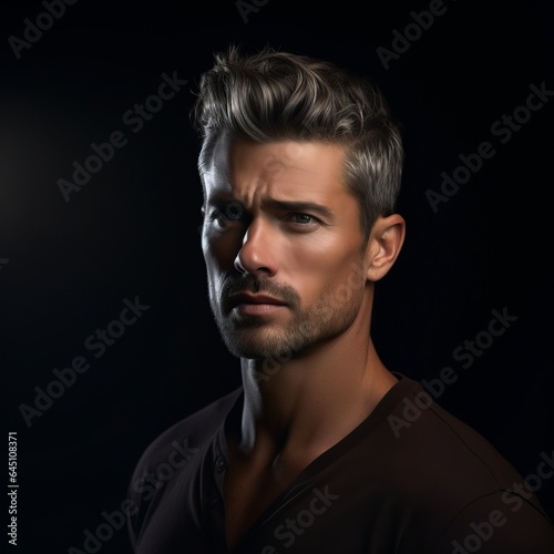 Handsome man with a nice hairstyle on a dark background. Generative AI