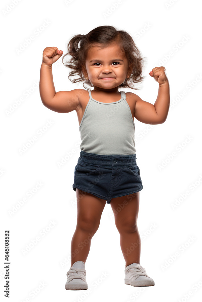 Empowered Latin toddler girl showing muscles to the camera. Full body shot on isolated transparent background Empowered Latin toddler girl showing muscles to the camera. Full body shot on isolated transparent background