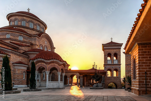 Monastery of Dormition of Holy Mary (Panagia Evrou) Orthodox Monastery, Makri Evros Greece, catholic church in Byzantine style, sunset colors