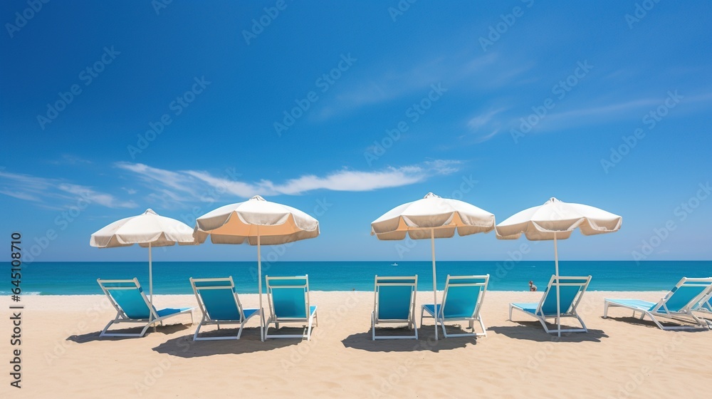 Summer beach deck chairs and protective umbrellas on the seashore