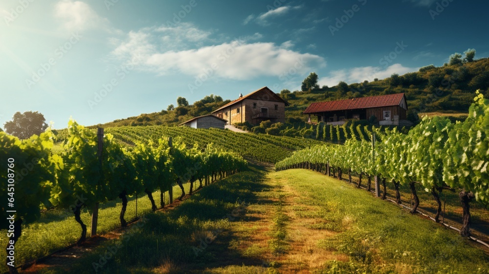 a picturesque vineyard in the summertime, with rows of grapevines heavy with ripening fruit and a rustic winery building in the background