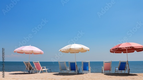 Summer beach deck chairs and protective umbrellas on the seashore