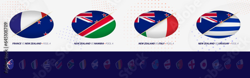Rugby competition icons of New Zealand rugby national team, all four matches icon in pool.