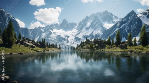 a pristine alpine lake, nestled among rugged peaks, with clear waters reflecting the surrounding wilderness in perfect symmetry
