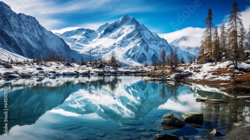 a pristine, untouched glacial lake in the heart of the wilderness, with icy blue waters and snow-capped peaks reflected in its surface