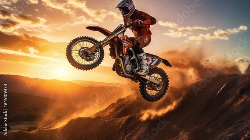 Extreme Sports in Nature: a person riding a motorcycle in the Sunset. Motocross.