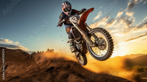Motocross Extreme Sports in Nature:a person riding a orange motorcycle in the track © 0xfrnt