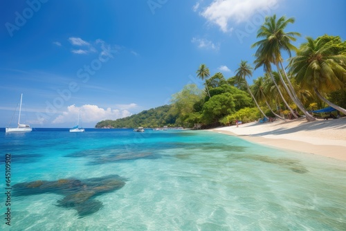 Tropical paradise: coconut beach, crystal clear waters, green mountains and catamaran sailing., generative IA