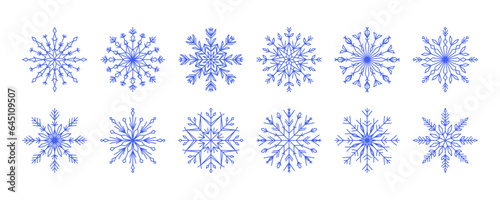 Blue snowflake icons set, winter vector illustration. Collection line art snowflakes, crystal ornament. Design element for new year, christmas cards. Outline snow flakes for winter design, decor.