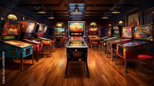 a retro pinball parlor, showcasing vintage pinball machines and classic game room chairs for a timeless gaming experience