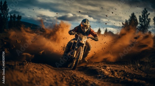 Racing Through the Mountain and Forest on a High-Speed Motocross Dirt Bike 