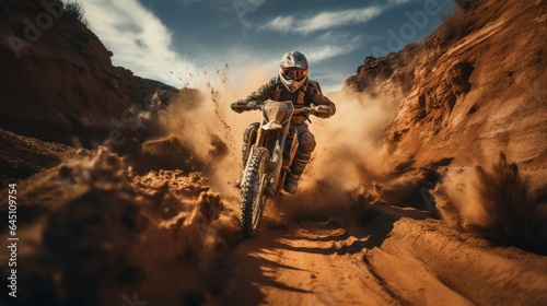Motocross Rider on a beautiful scene. Helmet, googles, and motorcycle.