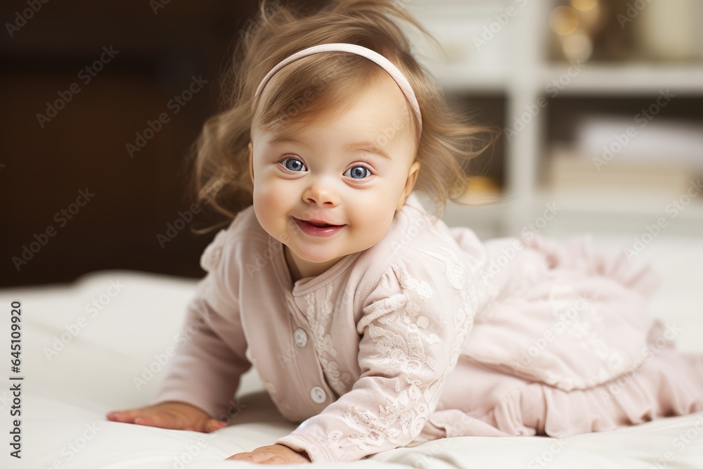 Baby girl with down syndrome laying on the bed Baby girl with down syndrome laying on the bed