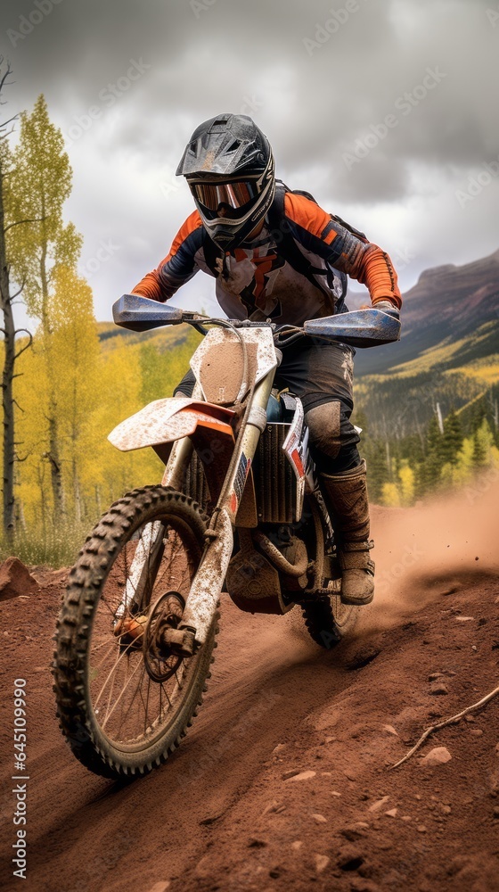 Extreme Sports in Nature:a person riding a orange motorcycle in the forest. Extreme Sports in Nature:a person riding a orange motorcycle in the forest.