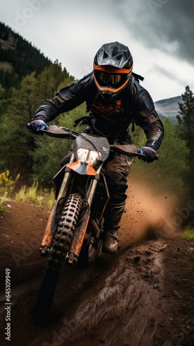 Extreme Sports in Nature:a person riding a orange motorcycle in the forest. © 0xfrnt