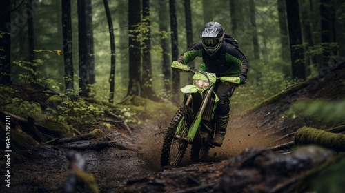 Extreme Sports in Nature: a pilot riding a green motorcycle in the forest.  © 0xfrnt