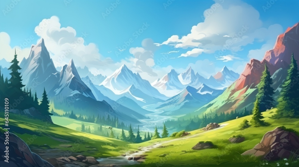 A beautiful mountainous landscape, between animals and a mysterious land game art