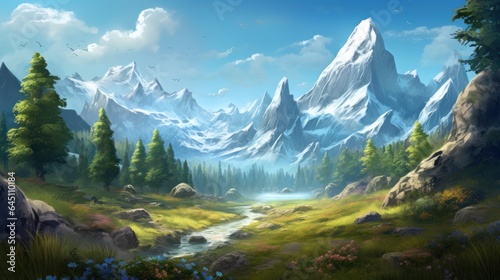 A beautiful mountainous landscape, between animals and a mysterious land game art © Damian Sobczyk
