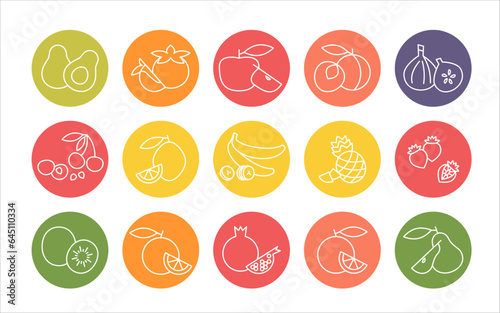 Set round fruit icons. Vector circle buttons of fruits and berries in color block style. Concept of proper nutrition and healthy food. Colorful vegetarian vegan food icons for site or mobile app.