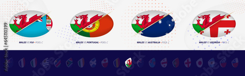 Rugby competition icons of Wales rugby national team, all four matches icon in pool.