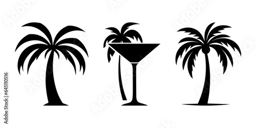 Set of black palm tree logo. Can be used as icon, sign or symbol - palm silhouette, black palm tree with cocktail. Travel agency logo. Vector illustrations, Hawaii sign symbol - beach and island.