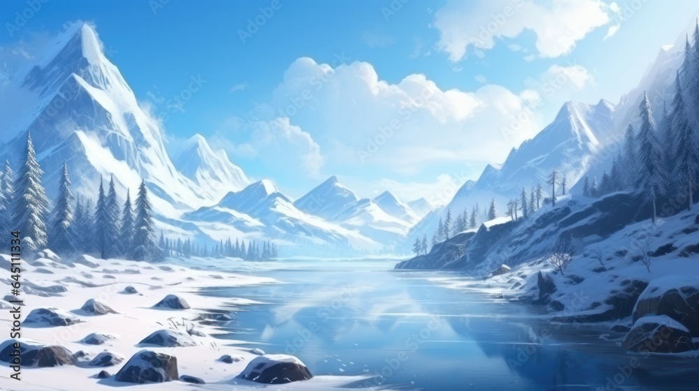 Fototapeta premium Beautiful mountainous landscape, between a frozen lake and vegetation game art