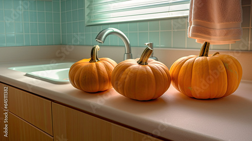 Pumpkin on a surface in a modern laundry room
