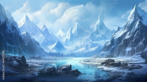 Beautiful mountainous landscape, between a frozen lake and vegetation game art © Damian Sobczyk