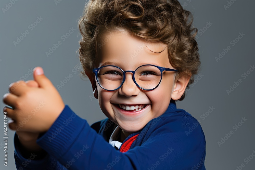 Kid wearing glasses and smiling to the camera
