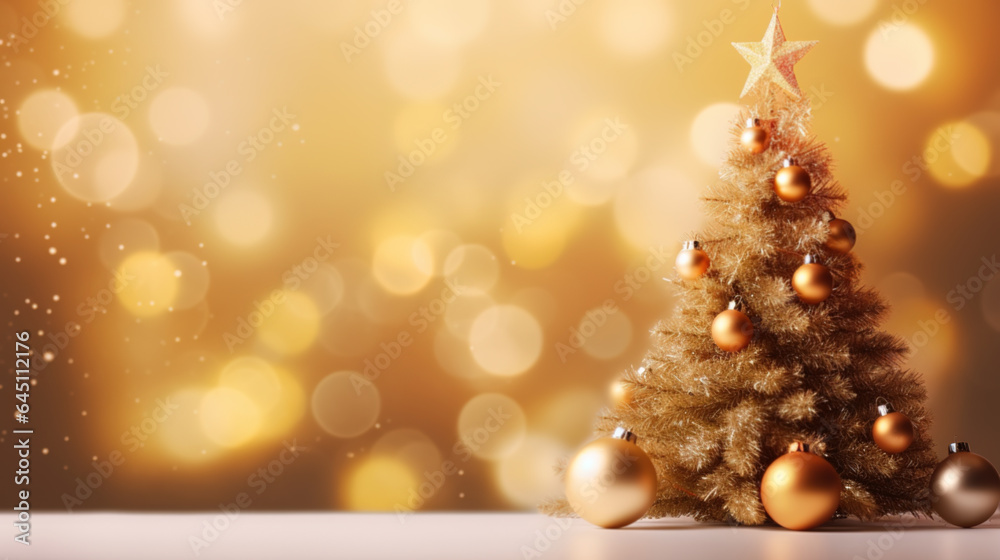 Golden Christmas tree with golden balls and blurred background