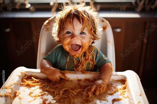Overhead view of a baby making a mess with his food. Spaghetti all over his face