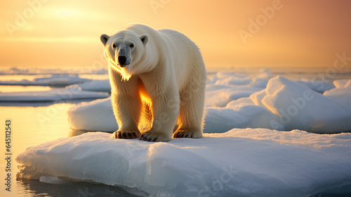 A stunning image of a polar bear standing on a vast ice floe, showcasing its majestic presence. AI Generative.