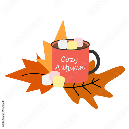 Cup with lettering Cozy autumn, warm drink and marshmallow cubes on autumn leaves in trendy shades