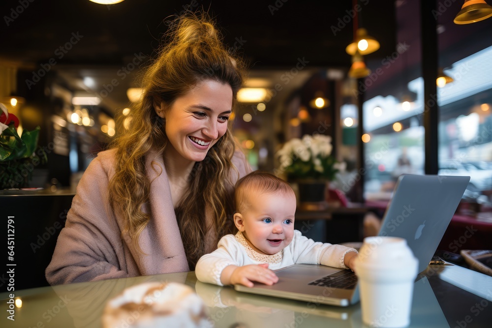 Businesswoman holding her baby while working on her laptop Businesswoman holding her baby while working on her laptop