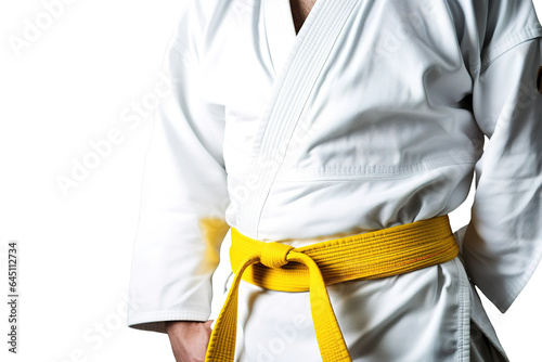 Man in a judo suit with yellow belt isolated on white background. Generative AI