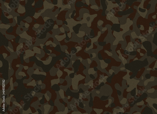 Close-up of brown camouflage pattern on a textile fabric. Abstract high resolution full frame textured background. Copy space.