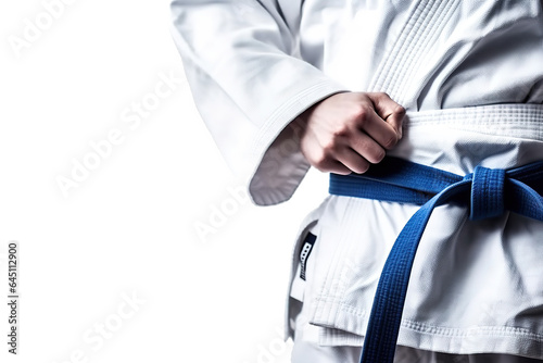 Man in a judo suit with blue belt isolated on white background. Generative AI