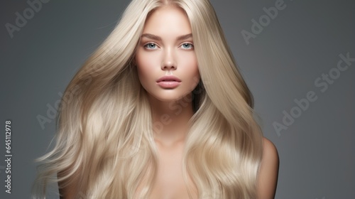 Beautiful blonde woman with long hair on isolated grey background, front view generative ai