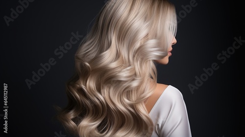 Beautiful blonde woman with long wavy hair on isolated dark grey background, back view, generative ai