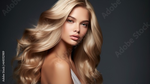 Beautiful blonde woman with long wavy hair on isolated grey background, generative ai
