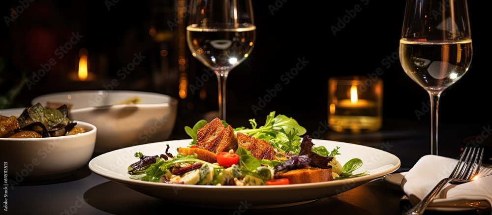 Moody lighting highlights table with four places, selective focus on salad and wine.