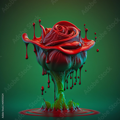 Red rose flower with slime against green background. Creative nature concept. Spring background.. Generative Ai
