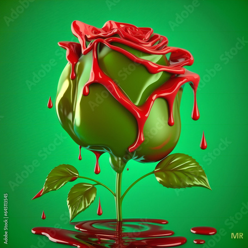 Red rose flower with slime against green background. Creative nature concept. Spring background.  Generative Ai