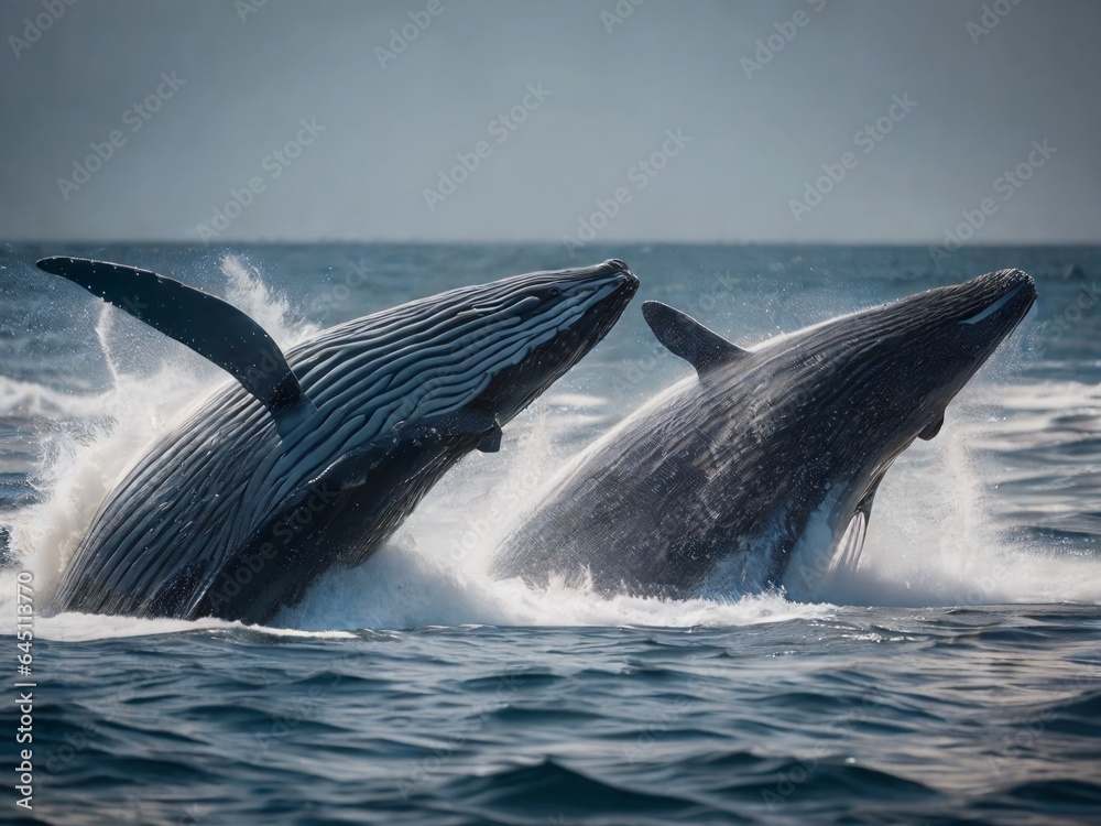 Fototapeta premium Two large whales jump out of the water. Marine mammals, cetaceans. Ecotourism and observation of wild animals in their natural environment. Conservation of endangered species.