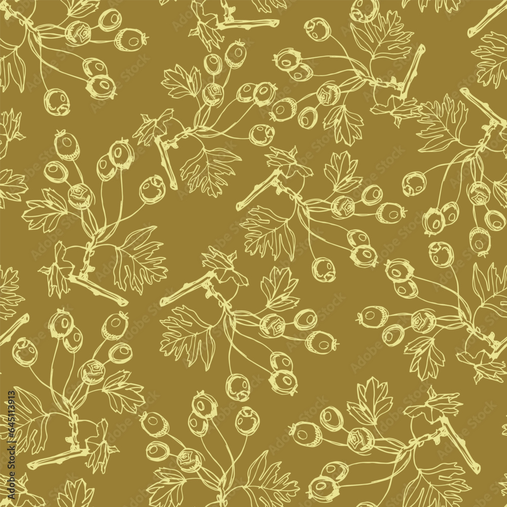 Fototapeta premium Seamless monochrome floral pattern with silhouetted branches of hawthorn tree. Hand drawn linear sketches.