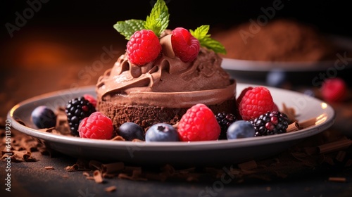 Plated vegan dessert featuring a rich, chocolate avocado mousse topped with fresh berries. Chocolate cake, biscuit dough. Soft, diffused lighting. Healthy food, Food blogging, cookbook, magazine