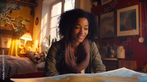 Young black African refugee woman is studying, sitting at a table in front of unfolded map of the world in a tiny apartment. Girl receives new knowledge, adapts in new country. hope for the best.